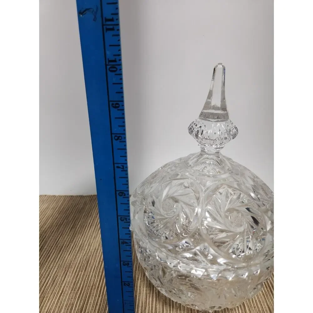 Vintage Cut Crystal Covered Candy Dish 3 Footed Lidded Trinket Bowl Pinwheel